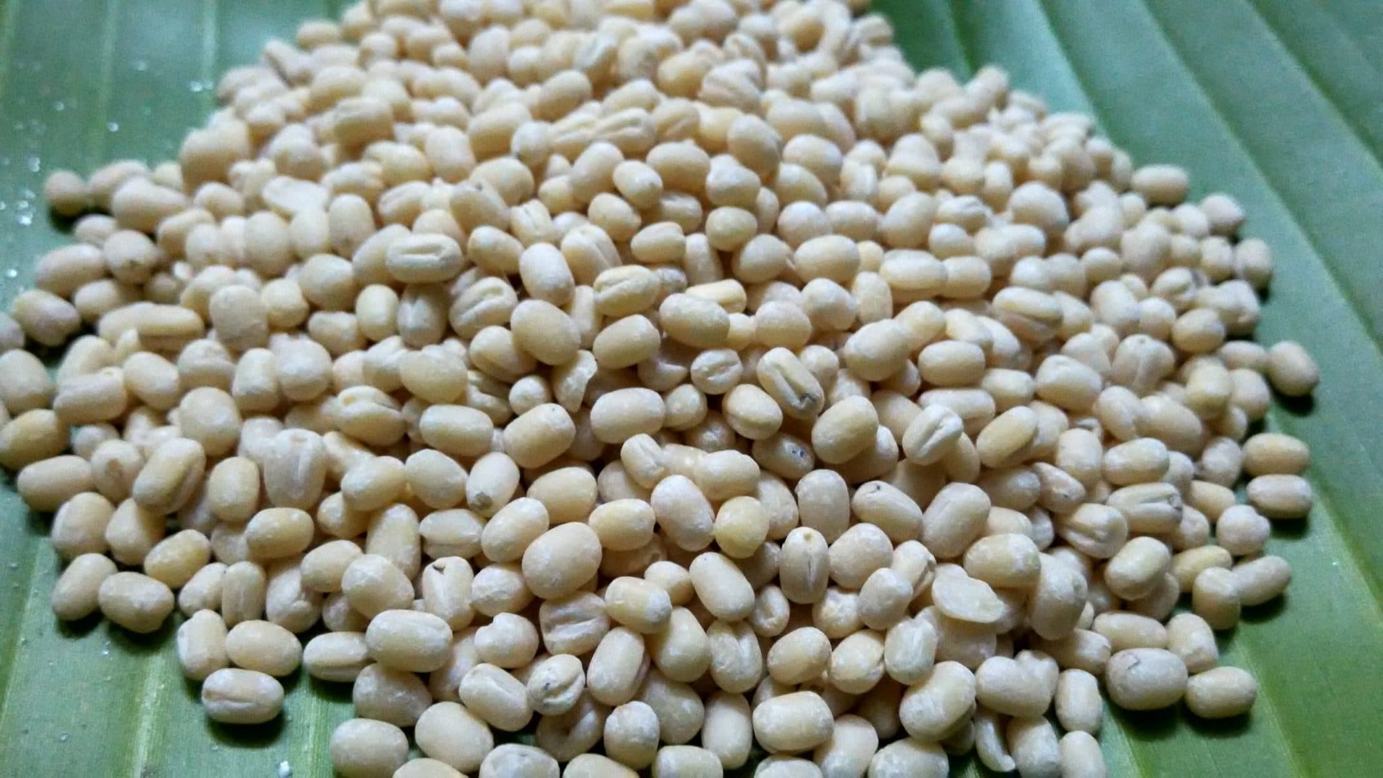 White urad, skinned black gram, heaped on a banana leaf